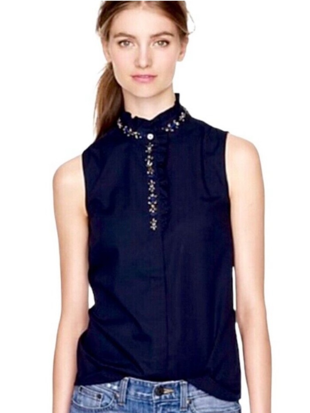 New! J. Crew Navy Sleeveless Embellished Mock Neck Top 00